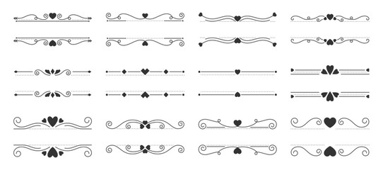 Naklejka premium Hearts border divider black line silhouette glyph set. Editable stroke curved frame border love vintage decorative separator arrow geometric Valentines day wedding romantic swirl ornate page isolated