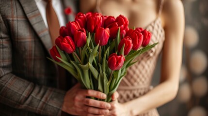Fototapeta na wymiar A man in a suit gives a bouquet of red tulips to a woman in an elegant beige dress