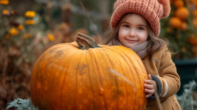 A little girl in a coat and knitted hat stands near a huge orange pumpkin in the autumn garden