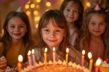Obraz na płótnie Canvas a group of kids celebrating a birthday with cake