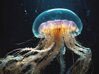 Beautiful jellyfish swimming in the ocean. Underwater scene. Generative Ai
