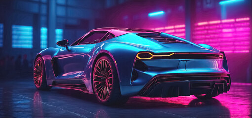 brand-less concept car in neon light. Generative Ai
