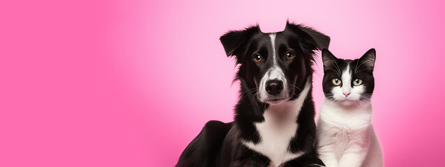 cat and dog friends on pink background, panoramic layout. Generative Ai