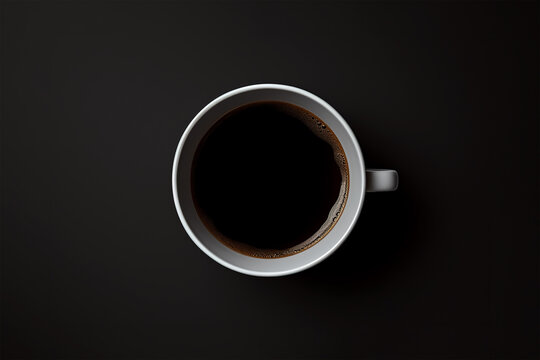 Cup of coffee on black background. Top view. Flat lay. Generative Ai