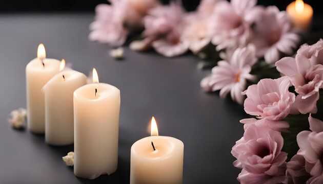 Burning candles with pink flowers on black background 