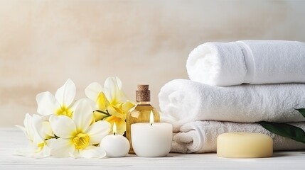 Obraz na płótnie Canvas beauty treatment items for spa procedures on white wooden table. massage stones, essential oils and sea salt 