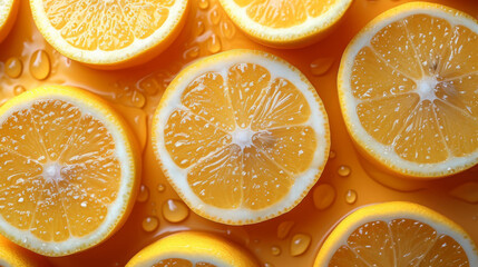 Bright Lemon Slices with Dew, Vibrant Yellow Background