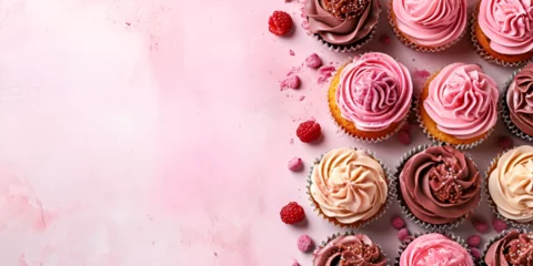 Tuinposter Sweet Celebrations: Bakery Background Sweet background, pink background with cap cake pattren at right side with copy space © MZ