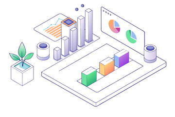 Obraz premium Isometric Business Technology: 3D illustration of business people with charts, graphs, laptops, and mobile devices in a connected cityscape, representing finance, data communication, and network archi