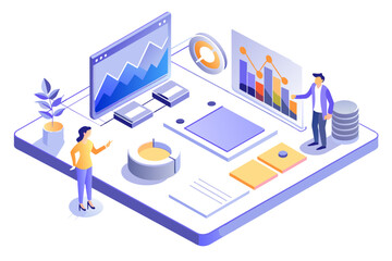 Isometric Business Technology: 3D illustration of business people with charts, graphs, laptops, and mobile devices in a connected cityscape, representing finance, data communication, and network archi