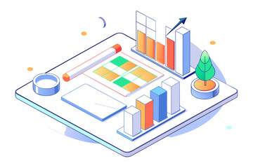 Isometric Business Technology: 3D illustration of business people with charts, graphs, laptops, and mobile devices in a connected cityscape, representing finance, data communication, and network archi