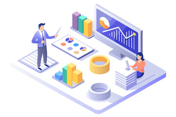 Isometric Business Technology: 3D illustration of business people with charts, graphs, laptops, and mobile devices in a connected cityscape, representing finance, data communication, and network archi