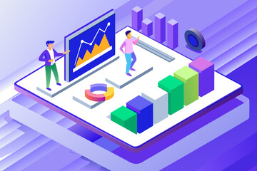 Fototapeta premium Isometric Business Technology: 3D illustration of business people with charts, graphs, laptops, and mobile devices in a connected cityscape, representing finance, data communication, and network archi