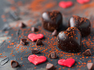 Chocolate valentine candies in heart shape on graffiti stone background. Top view with copy space