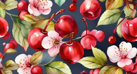 Watercolor cherry seamless pattern. Summer berries, fruits, leaves, flowers background. Vector illustration for spring cover, tropical wallpaper texture