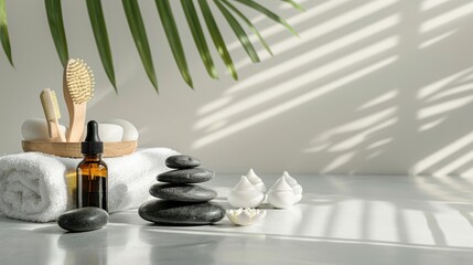 photography, Horizontal composition, on a clean light gray background, with some spa accessories, massage, stones, towels, oils, wood, a flat front shot, geometric composition, 