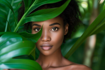 Close-up portrait of a serene young woman with lush green tropical leaves partially covering her face, symbolizing natural beauty.