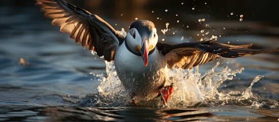 a puffin was flying over the water with a fish in its beak