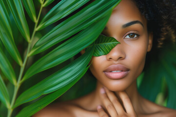 Naklejka premium Close-up portrait of a serene young woman with lush green tropical leaves partially covering her face, symbolizing natural beauty.