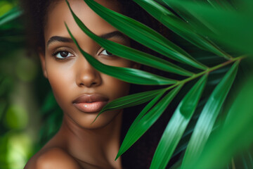 Fototapeta premium Close-up portrait of a serene young woman with lush green tropical leaves partially covering her face, symbolizing natural beauty.