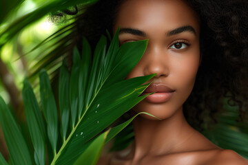 Fototapeta premium Close-up portrait of a serene young woman with lush green tropical leaves partially covering her face, symbolizing natural beauty.
