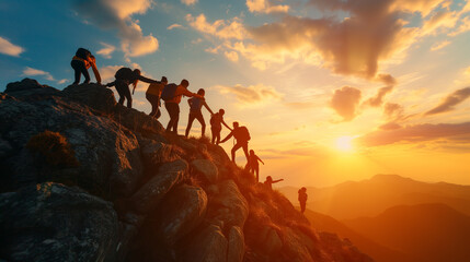  Team of Climbers Ascending Mountain at Sunset - obrazy, fototapety, plakaty