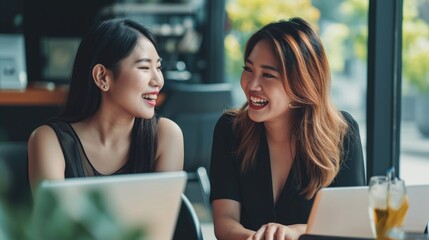 two happy asian women in a business setting 