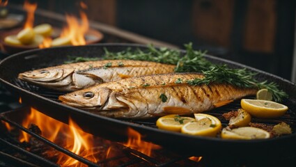 grilled fish with vegetables - obrazy, fototapety, plakaty