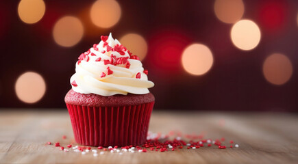 Valentines Day cupcake Red velvet on wooden tabletop and blurred background, Space for text