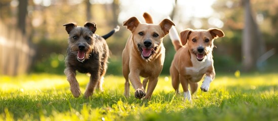 Three Smiling Dogs Playing Joyously Outside