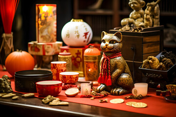 Cat figurine on a table with Chinese New Year decorations, featuring red and gold ornaments, symbolizing luck and prosperity in a festive setting