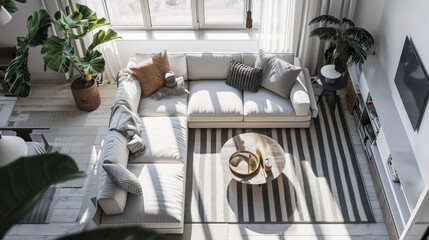 Sunlit living room with white sofa and striped rug, accented with green plants. Modern comfort and simplicity concept. Generative AI