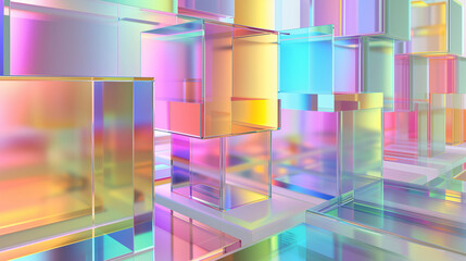 正方形のガラスの3Dモデル。背景画像_カラフル色とりどり
3D model of glass squares. Chromatic sculpture. Colorful based wallpaper background [Generative AI]