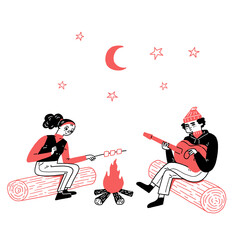 A hip couple is camping. Roasting marshmallows, playing guitar, relaxing atmosphere.