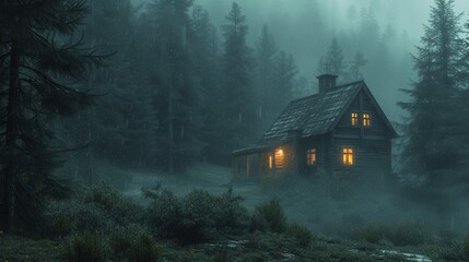 A lone farmhouse nestled at the edge of a dense, mysterious forest.