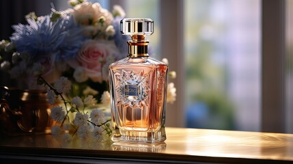 Beautiful perfume bottle with flowers. 