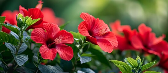 Captivating Red Hibiscus Blossoms Grace a Lush Garden of Red Hibiscus Flowers in Full Bloom - obrazy, fototapety, plakaty