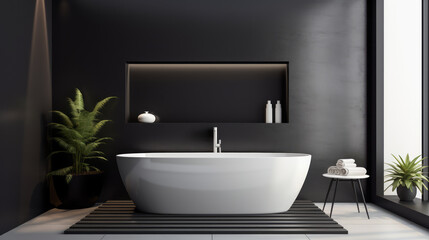 Fototapeta na wymiar Sleek bathroom design with monochromatic tones, freestanding tub, and tropical plants. Contemporary and stylish. Generative AI
