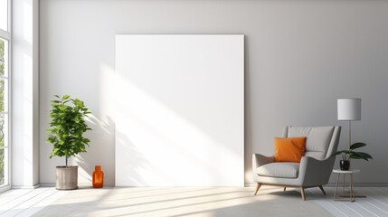 Modern living room with white wall and vibrant orange accent. Clean design. Mockup. Generative AI