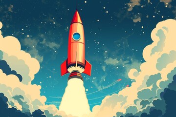 Pop Art. Bold and bright pop art illustration of a rocket launch, emphasizing the energy and excitement of space travel