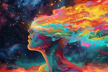Art. A psychedelic artwork depicting a person's mind expanding into a universe of colors, representing LGBT+ awakening - obrazy, fototapety, plakaty