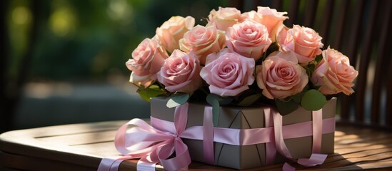Bouquet of colorful roses with Gift box and soft pink ribbon on antique wooden table and chair in garden