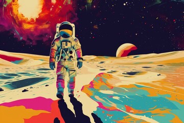 Retro-Futurism. An illustration of an astronaut in a vintage space suit exploring a brightly colored, surreal lunar landscape