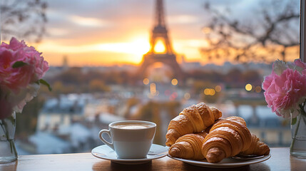 Breakfast in France with coffee and croissant