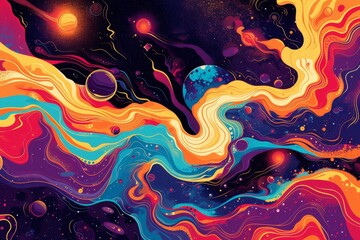 A psychedelic poster of an interstellar journey, with swirling patterns and bright, contrasting colors