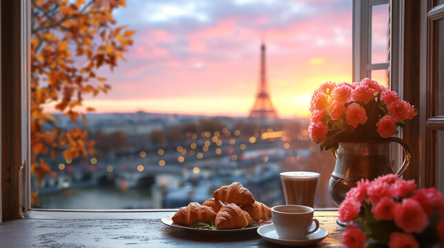 Breakfast in France with coffee and croissant