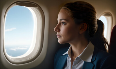 A girl on an airplane looks out the window with interest.