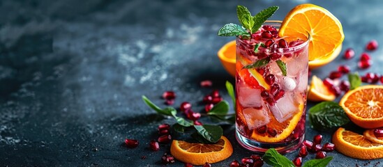 Text space with focus on citrus and pomegranate cocktail for festive drinks. - obrazy, fototapety, plakaty