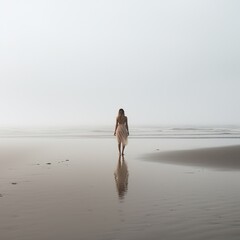 A lone person stands facing the ocean, reflecting in solitude on a vast, calm beach under an overcast sky.