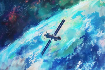 Watercolor. Illustration of a space station orbiting Earth, with vibrant blues and greens, depicting the planet's beauty - obrazy, fototapety, plakaty